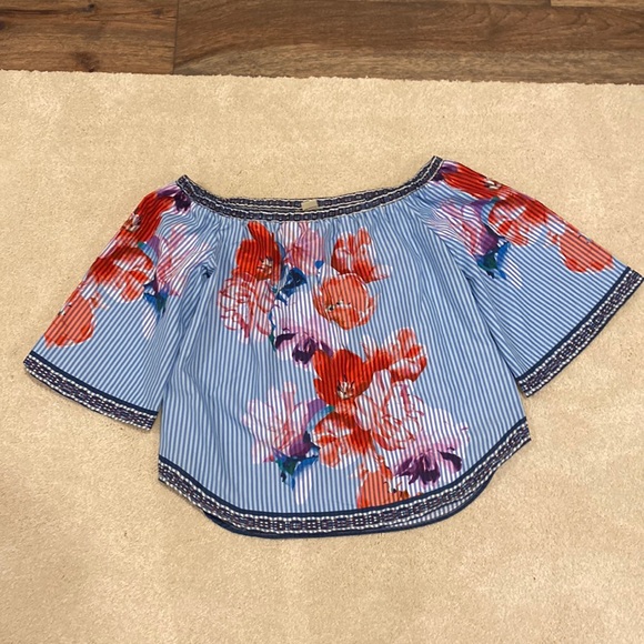 Off the shoulder blue and white stripe top with red and pink flowers - Picture 1 of 3